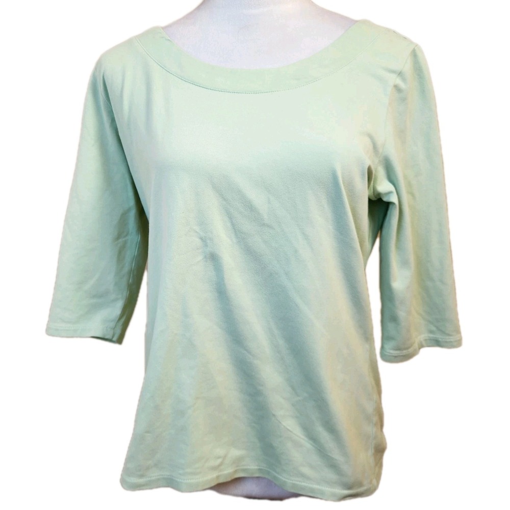 J Peterman Womens Pullover Top Size Large Green Bateu Neck Cotton Tee Shirt